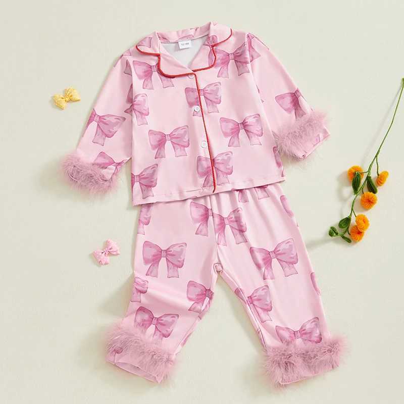 Clothing Sets 2-7Years Kids Girl Bow Print Pajama Sets Fall Winter Long Sleeve Lapel Neck Button-up Tops and Long Pants Plush Trim Loungewear H241126