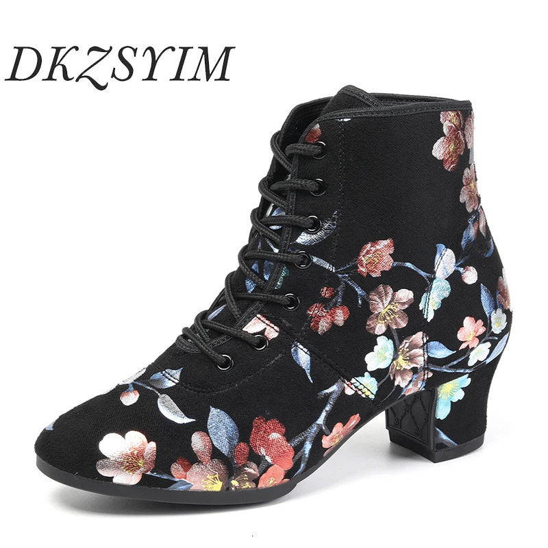 DKZSYIM Black Flower Dance Shoes Dance Hall Boots Tango Latin Modern Women Oxford Lace Practice Dance Shoes High Heels 3.5/5cm 241126