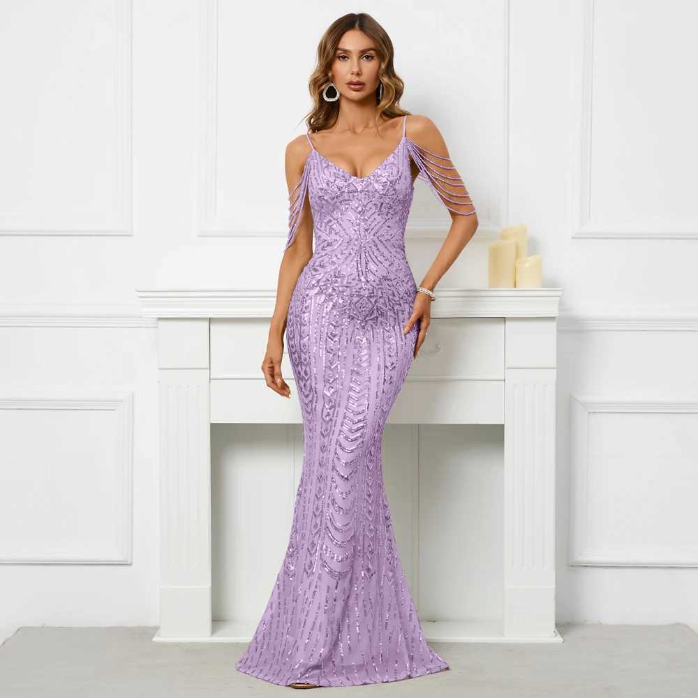 Runway Dresses YIDINGZS Women Sequin Dress Strap Beading Party Maxi Dress Sexy V Neck Evening Dress Long Prom Dress Y240426I1T4