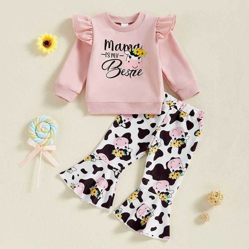 Clothing Sets 1-4Years Kids Baby Girl Cow Outfits Lovely Letter Print Ruffle Long Sleeve Sweatshirt and Cow Print Flare Pants 2 Pcs Sets H241126