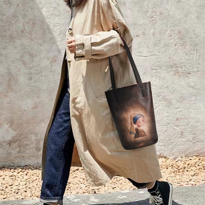 Retro Hand-Printed Women's Bag For Women Genuine Leather Bucket Handbags Long Handle Lady Designer Shoulder Bags Open BagVoyage