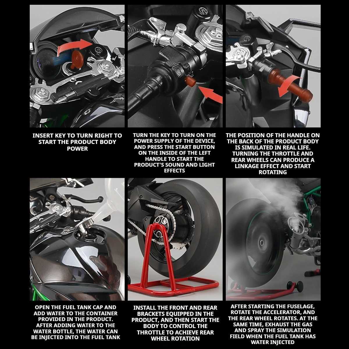 Large 1 6 Kawasaki H2R Guided Spray Dynamic Alloy Metal Die Casting Motorcycle Model Sound Light Boutique Simulated Gift Box W241126