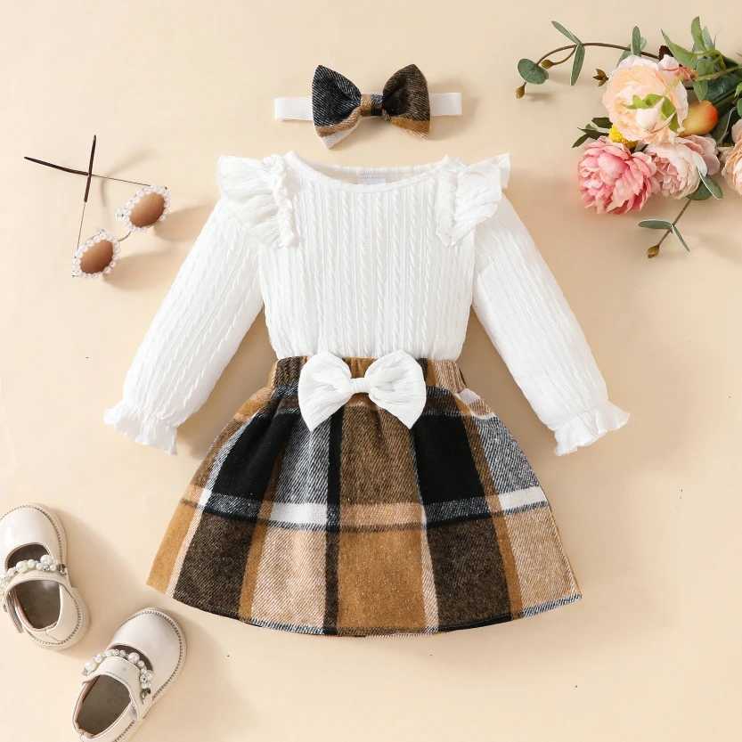 Clothing Sets Fashion Baby Girls Fall Winter Outfit Long Sleeve Ribbed Romper Plaid Print Skirt Headband 3 Piece Warm Babys Clothes Set H241126