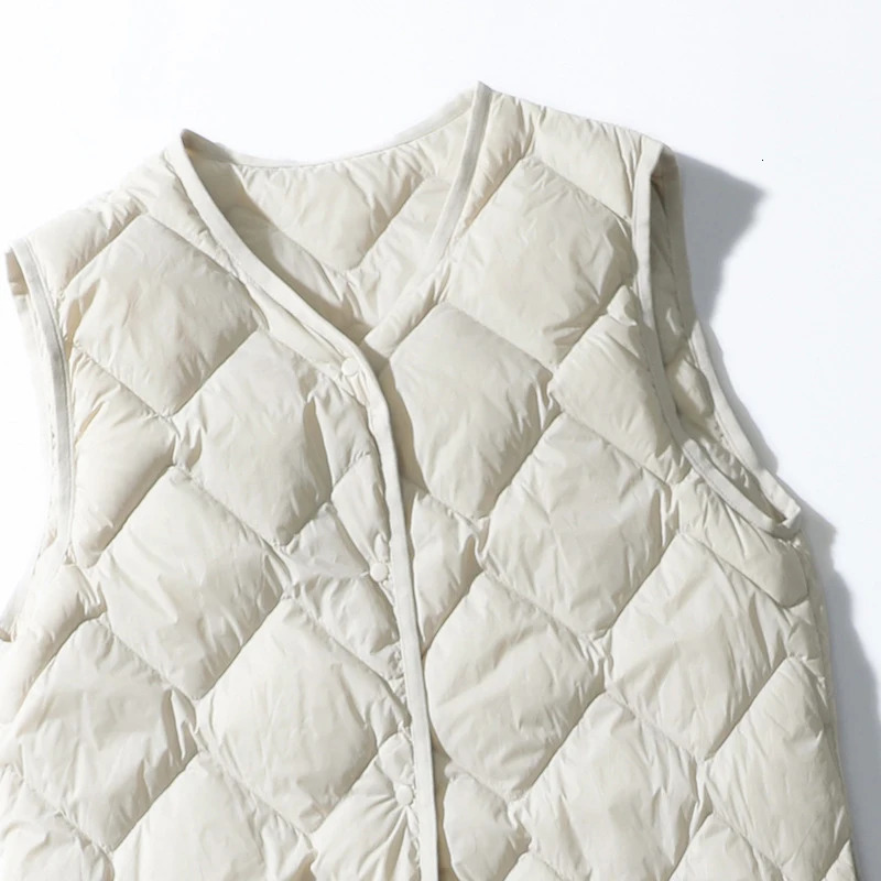 Schinteon womens ultra light white duck down long vest sleeveless jacket V-neck Argyle autumn winter fashion top item 241125