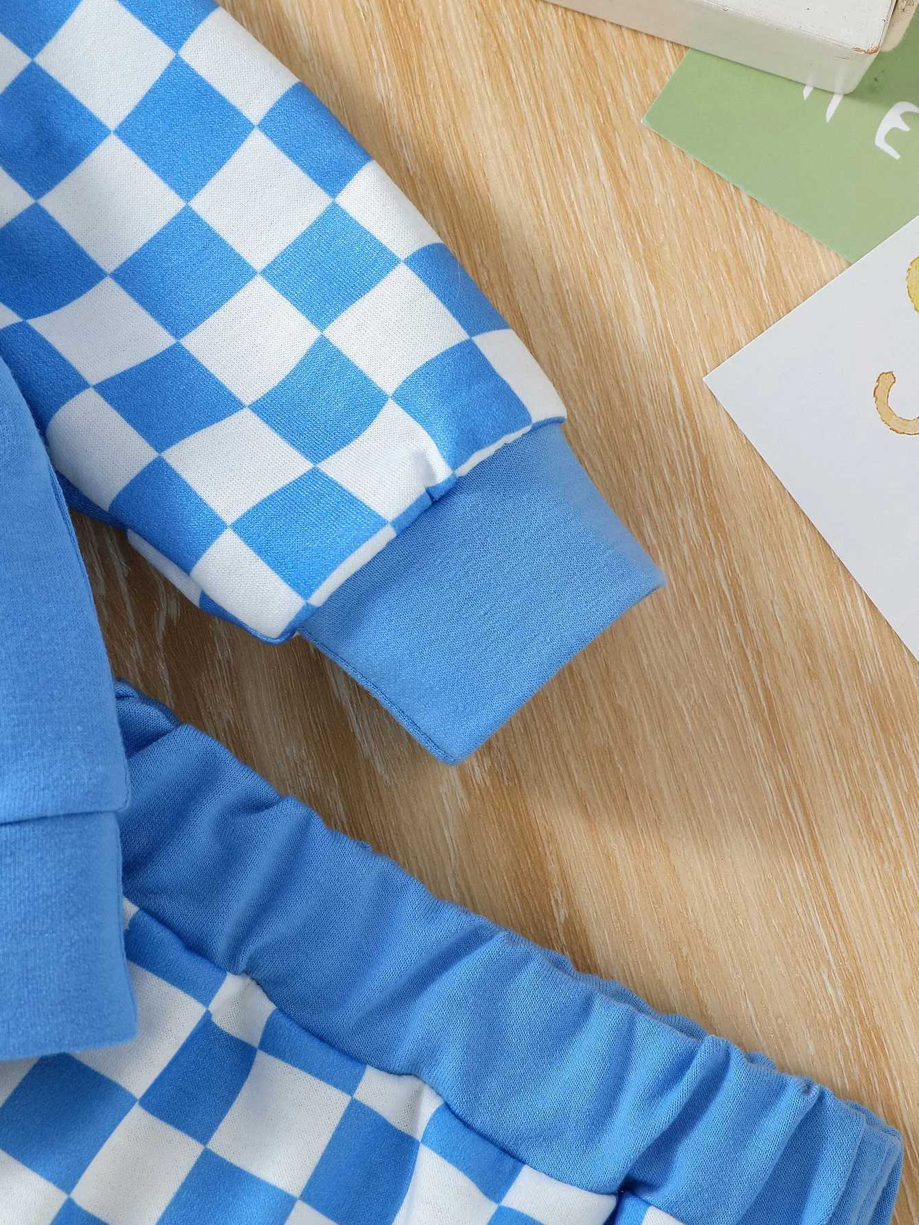 Clothing Sets 2024 New Baby Boys Long Sleeve Hooded Plaid Sweatshirt +Pant For Fall sporty Style Clothing Set H241126