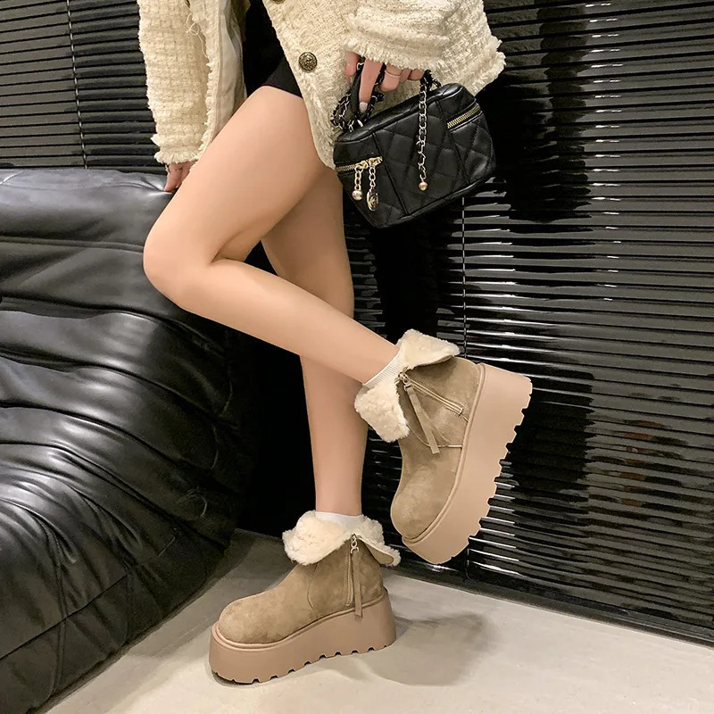 Snow Boot Womens Suede Cotton Boots Warm Women Flats Platform Shoes Winter Boots Ankle Short Plush Walking Chaussure Femme 241126