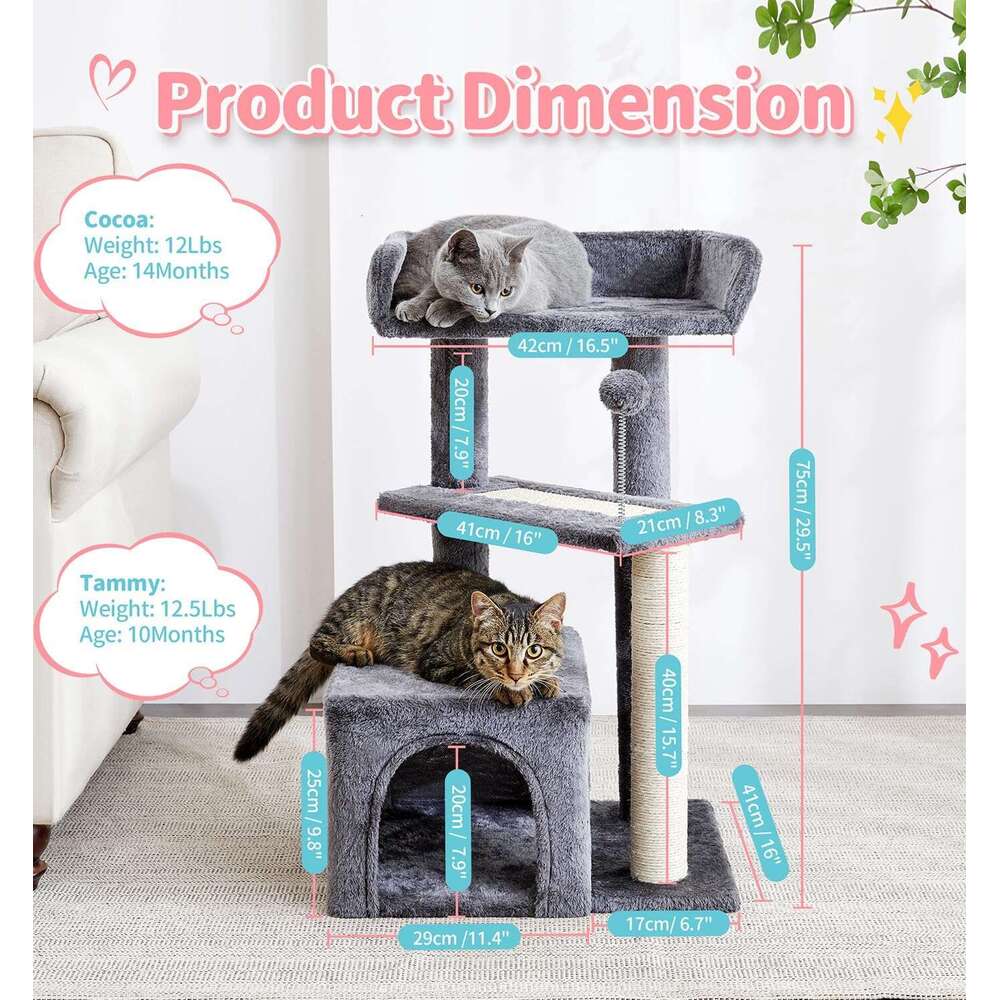 Made4Pets Cat Tree, Cat Tower Indoors Cute Wood Kitty Condo with Scratching Post Pad, 29" Multi-Level Modern Activity Climbing Furniture, Dark Gr