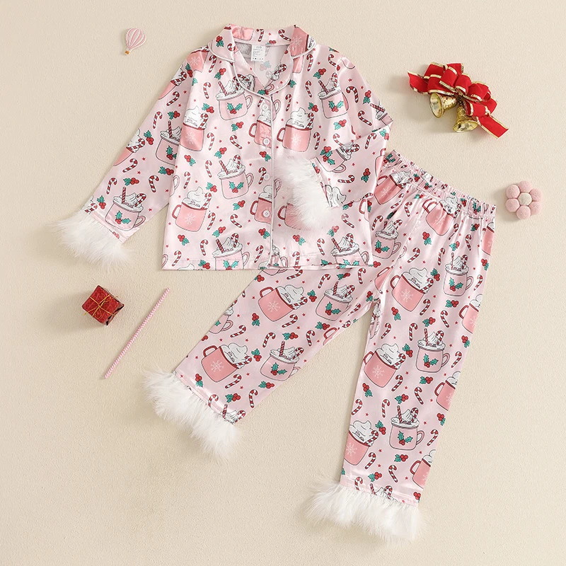 Satin Christmas Pajamas for Girls Cup Milk Christmas Silk Pajamas 2PC Button-Up Pjs Feather Sleeve Kids Xmas Pajamas Set 241126