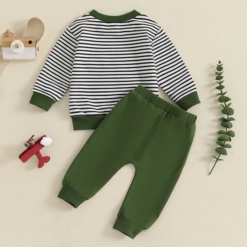 Clothing Sets Kids Baby Boy Fall Outfits Casual Green Striped Tractor Embroidered Long Sleeve Sweatshirts and Bow Tie Pants Two-Piece Sets H241126