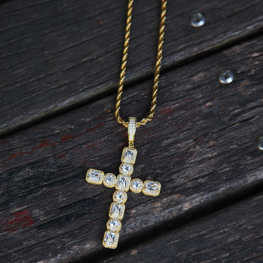 Hip Hop High Quality Big Cross Pendant Necklace 5A Round Big Zircon Rap DJ Mens Religious Jewelry