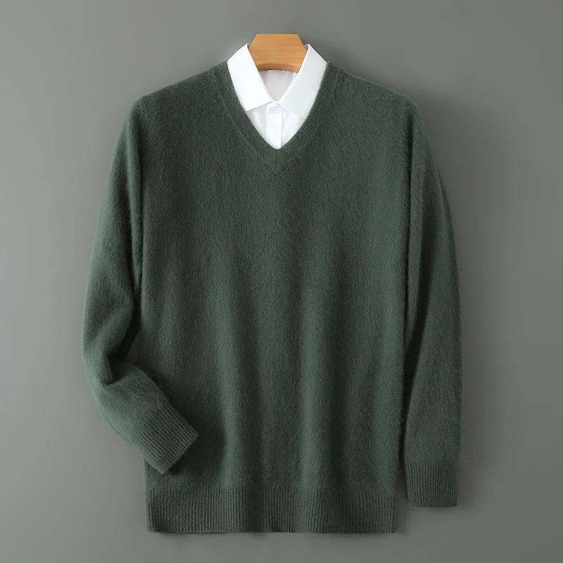 Mens sweater automatic and winter cashmere sweater wool pullover sweater thick bottom knitted V-neck loose warm Korean version 241126