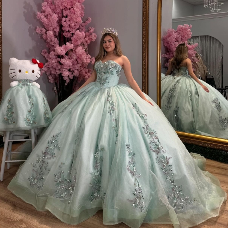 Light Green Shiny Quinceanera Dresses Ball Gown Off The Shoulder Sequin Appliques Lace Beading Crystal Tull Sweet 16 Vestidos De 15 Anos