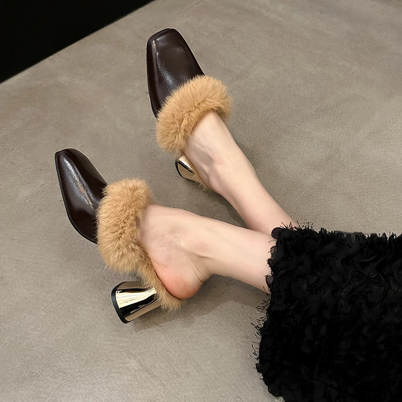 Winter Women Fur Mules Slippers Fashion Thick Heel Slides Ladies Outdoor Warm Cotton Shoes 241126