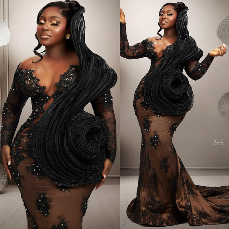 2025 Plus Size Black Mermaid Prom Dress Evening Dresses Elegant Sheer Neck Long Sleeves Beaded Lace Birthday Dress Second Reception Gowns Robe De Soir