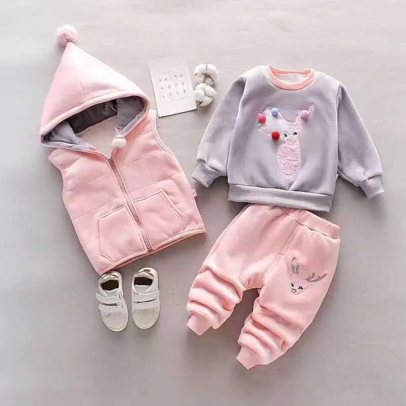 Clothing Sets Baby Girls Clothing Set Autumn Winter Velvet Thick Warm Casual Hooded Sweater Cartoon Elephant 3Pcs Toddler Boys Clothes Suit H241126