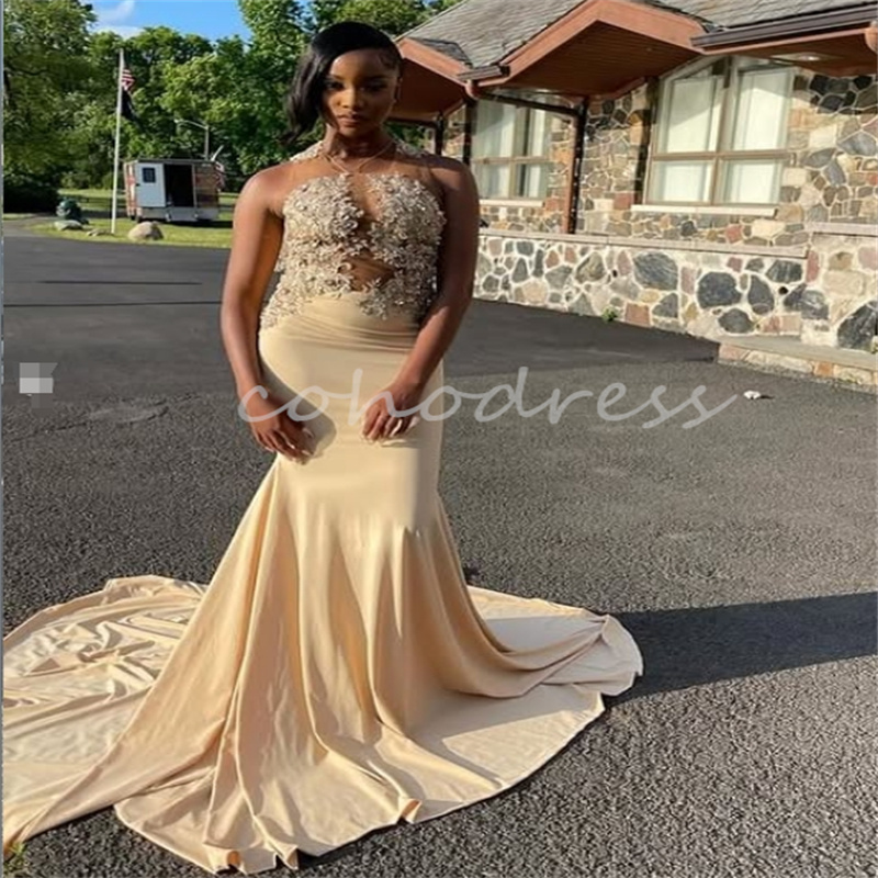 Black Girls Champagne Prom Dresses With Lace Elegant Sleeveless Mermaid Evening Gowns African Birthday Formal Party Robes De Soiree Vestio De Gala