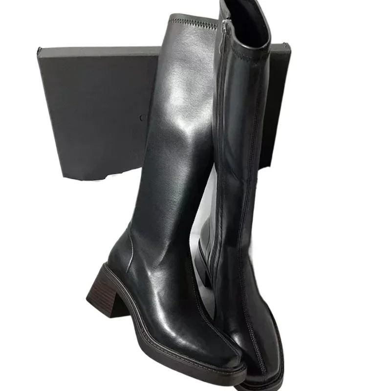 Female Shoes on Sale High Quality Side Zip Womens Boots Autumn Winter Square Toe Solid High Tube Block Heels Fashion Boots 241114