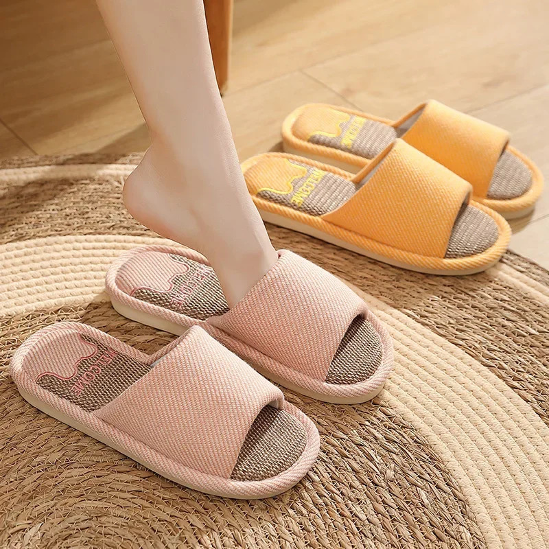 Linen slippers indoor breathable womens slippers linen couple anti slip shoes beach sandals comfortable apartment 241126