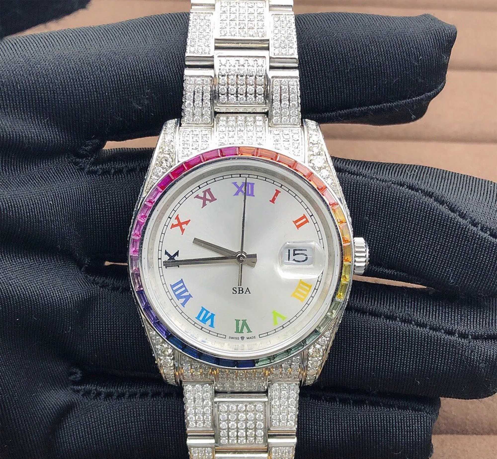 Silver Luxury Iced Out Moissanite Watch For Mens Rainbow Dial Hip Hop Watch Silver Plated Diamond Jewelry