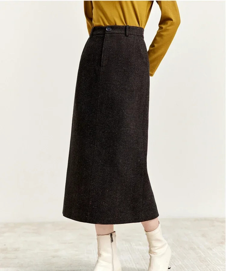 SENTUBILA Straight Wool Skirt Women Winter Retro Elegant Coarse Hemp High Waist Seam Bottom Temperature Long Skirts 144Q56942 241125