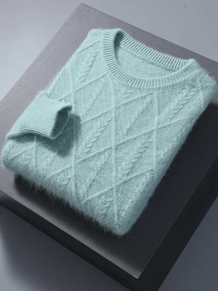 100% mink cashmere autumn mens O-neck sweater cable knitting thick drawing high-quality intelligent cashmere knitting X241126
