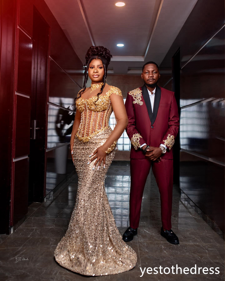 2024 Luxury Gold Prom Dresses for Black Women Promdress Illusion Sheer Neck Long Sleeves Beading Tassel Sequined Lace Birthday Dress Second Reception 