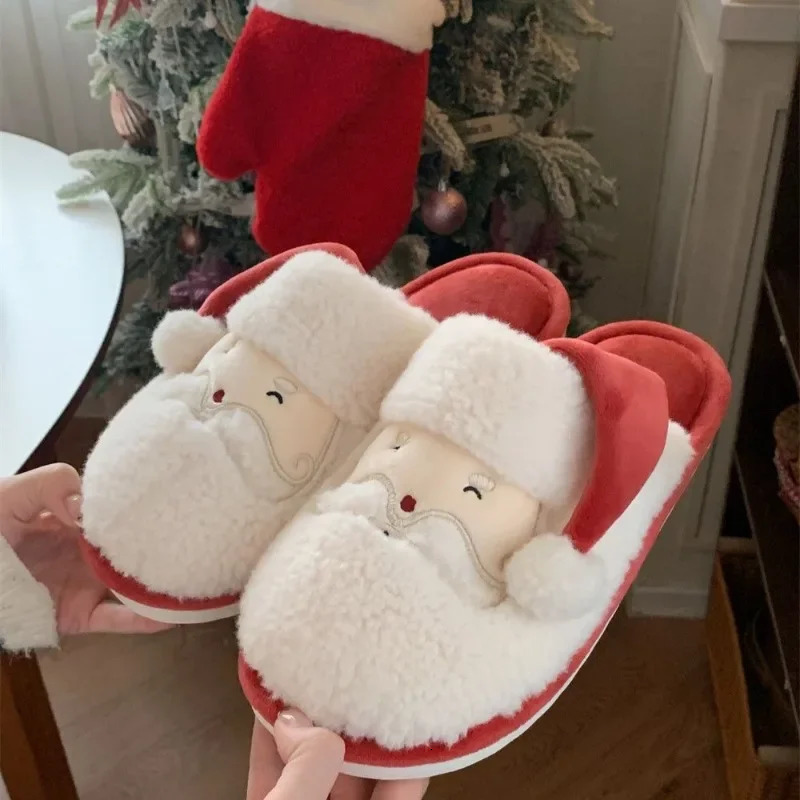 Cute Santa Claus men women indoor non-slip furry shoes couple winter warm cotton slippers for Christmas party 241126