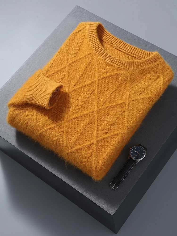 100% mink cashmere autumn mens O-neck sweater cable knitting thick drawing high-quality intelligent cashmere knitting X241126
