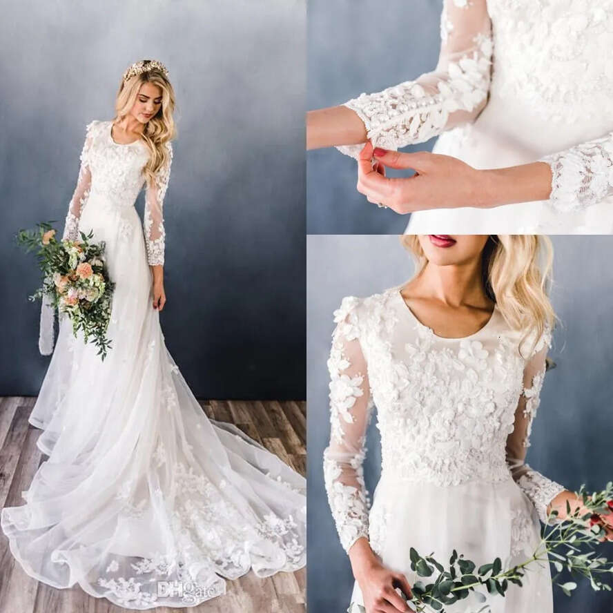 New Elegant A-E Modest Wedding Dresses With Long Sleeves Scoop Neck 3D Ral Lace Appliques Beaded Chapel Train Bridal Gowns