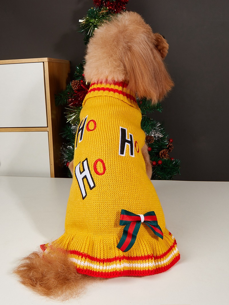 Christmas Pet Sweater Dress Cat Dog Clothes Autumn and Winter HoHo High Neck Bow Embroidery Skirt
