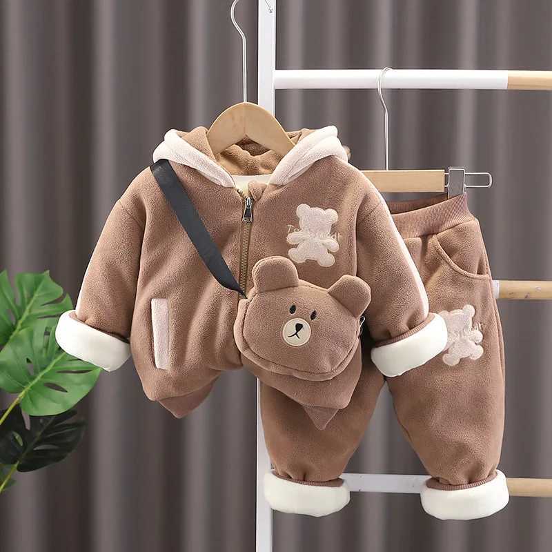 Clothing Sets Winter Baby Boys Clothes Cartoon Bear Hooded Jacket Coat Pants Bag 3Pcs/Set Cotton Warm Suit Children Clothing Toddler Tracksuit H241126