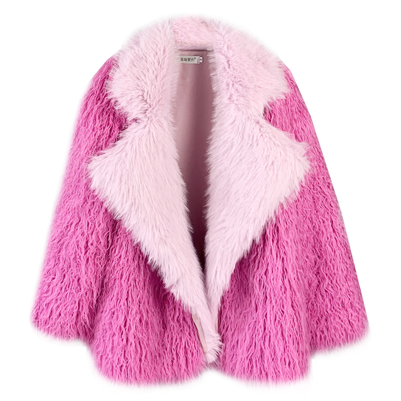 Women's Fur European and American fur imitation beach wool medium long Toka lapel peach pink fur spliced lamb wool jacket