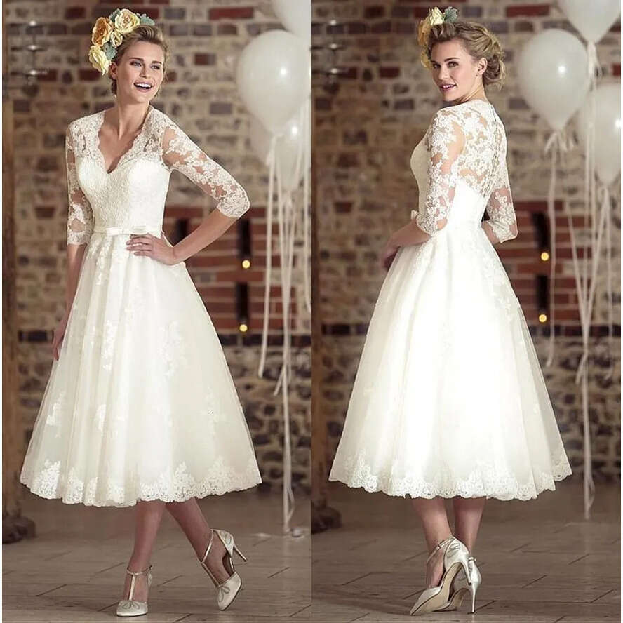 Vintage V Neck 3/4 Long Sleeves Lace A E Dresses 2020 Tulle Applique Tea Length Short Bridal Wedding Gowns Bm1650