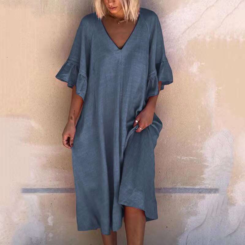 New European And American Solid Color Sexy V-Neck Patchwork Loose Dress B1