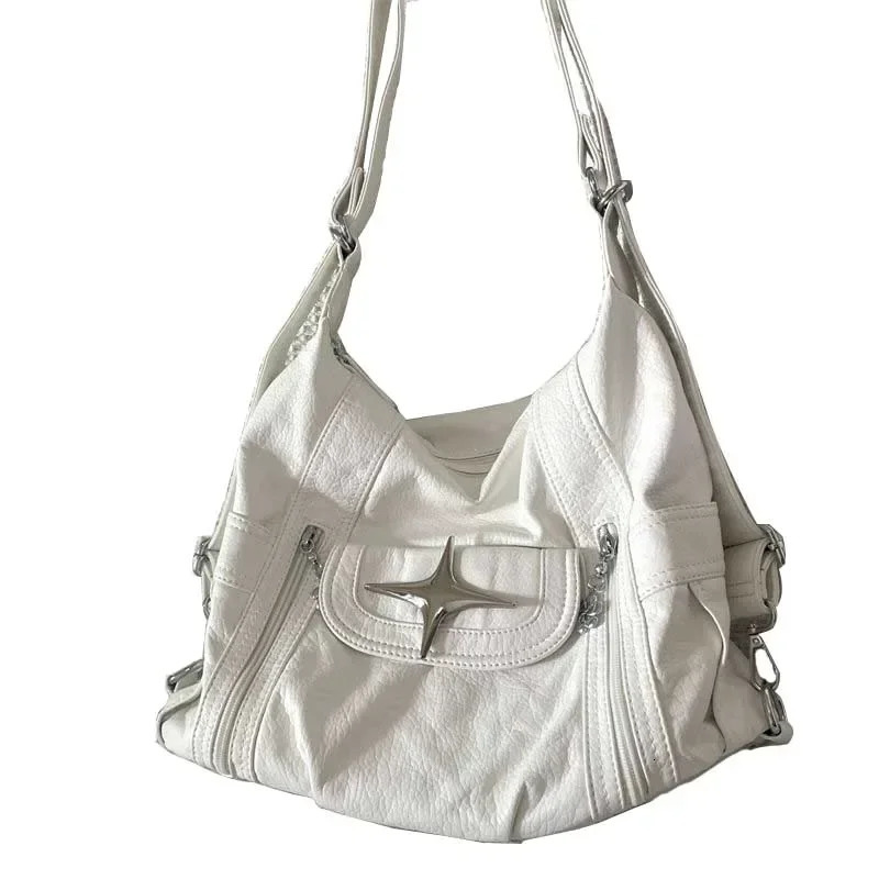 Y2k Large Capacity Shoulder Bag White Pu Leather Star Handbag American Style Punk Goth Fashion Simple ner Tote 241125