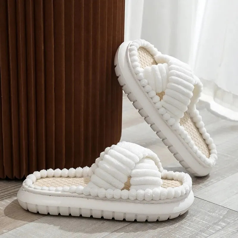Womens Spring/Autumn Family Slide Open Toe Cross with Linen Sole Indoor Slide Linen Sole Bathroom Slide 241126