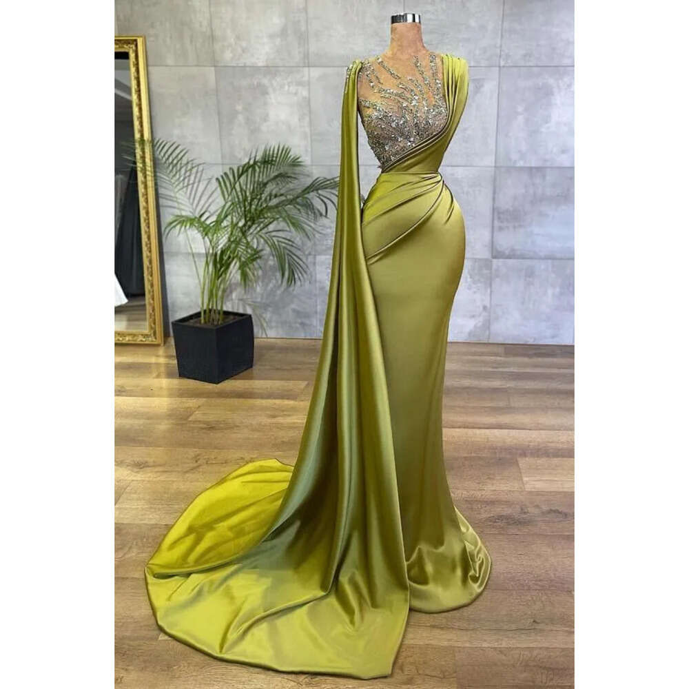 Satin Mermaid Lemon Green Arabic Evening Dresses Mesh Top Sequin Beads Ruched Formal Ocn Wear Gold Hunter Sheer Neck Sweep Train Robe De Soriee Bc