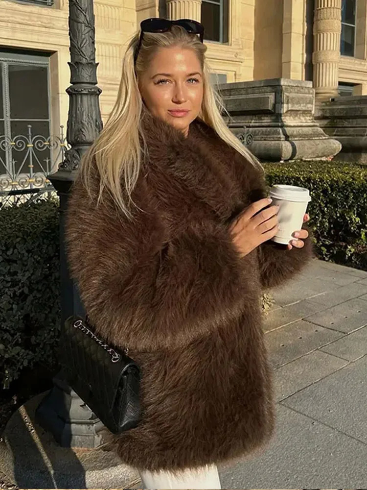 Brown faux fur coat winter thick warm suit collar coat loose fitting womens elegant womens socialized womens plush coat 241126