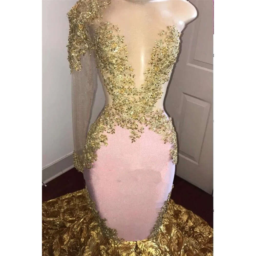 Shoulder Long One Mermaid Prom Dresses Tulle Lace Beaded D Floral Floor Length Formal Party Evening Gowns Bc