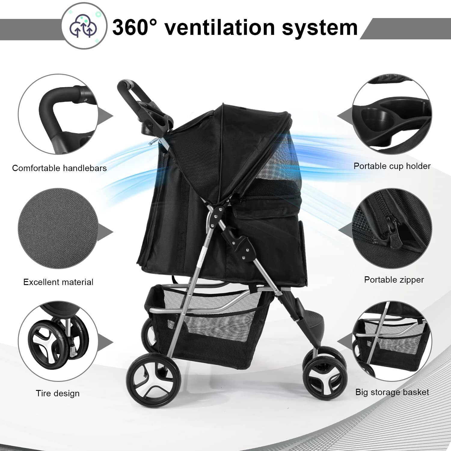 Dog Stroller Pet Trrolley for Small Medium Dogs Cats Foldable Dog Jogging Cage Travel Carrier with Cup Holder and Storage Basket