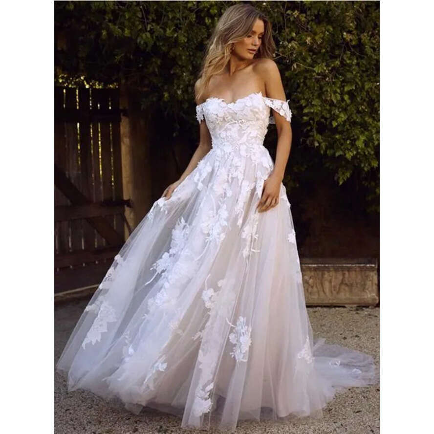 New Country Boho Wedding Dresses Sexy Backless A E Off Shoulder Appliqued Tulle Long Summer Bridal Gowns Bohemian Bm1510
