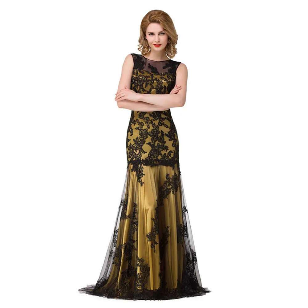 In Stock New Sexy Sheer Tulle Sleeveless Mermaid Evening Dresses Black Lace Applique Formal Party Women Floor Length Prom Gowns Cps