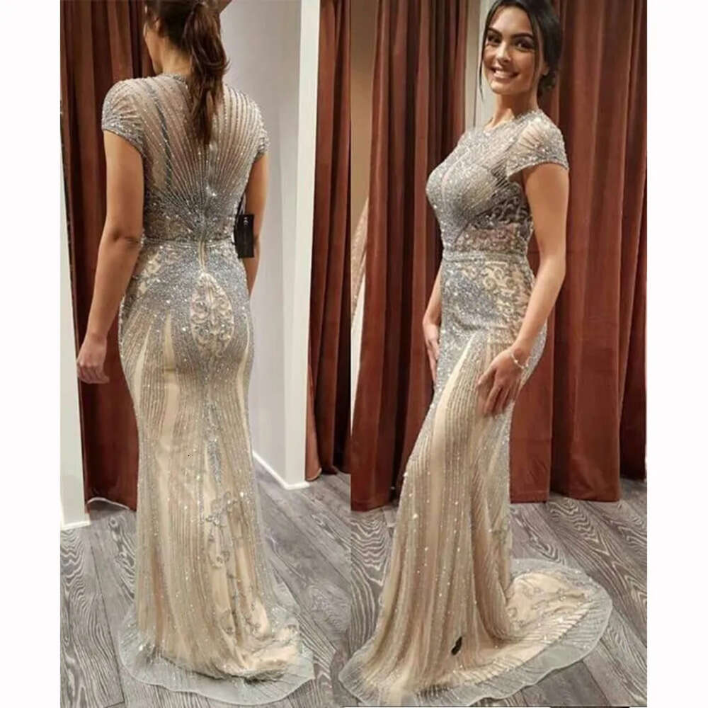 Mermaid Crystals Jewel Bg Sequin Long Evening Short Sleeves Tulle Pageant Dresses Formal Gowns Robe De Soiree Bm 6660306