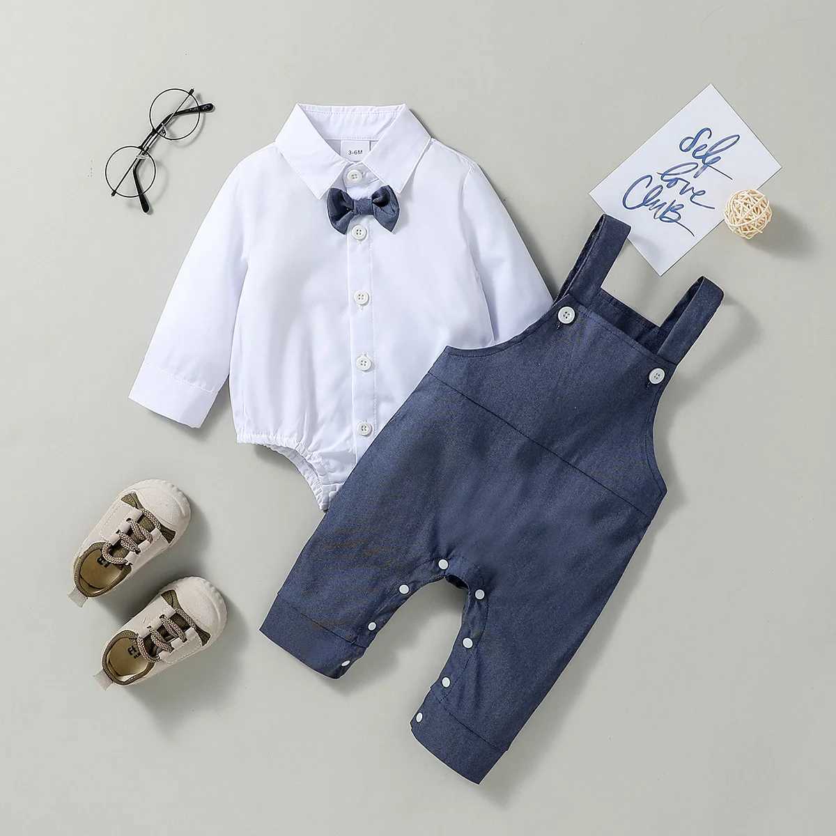 Clothing Sets Baby Set Boys Spring/Fall White Romper Turn-down Collar With Bow+ Suspender Overralls For Newborn-18M Outfits H241126