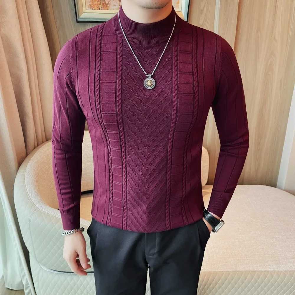 Mens knitted pullover sweater 2024 winter new item thick solid casual elastic slim fit semi high neck sweater mens clothing X241126