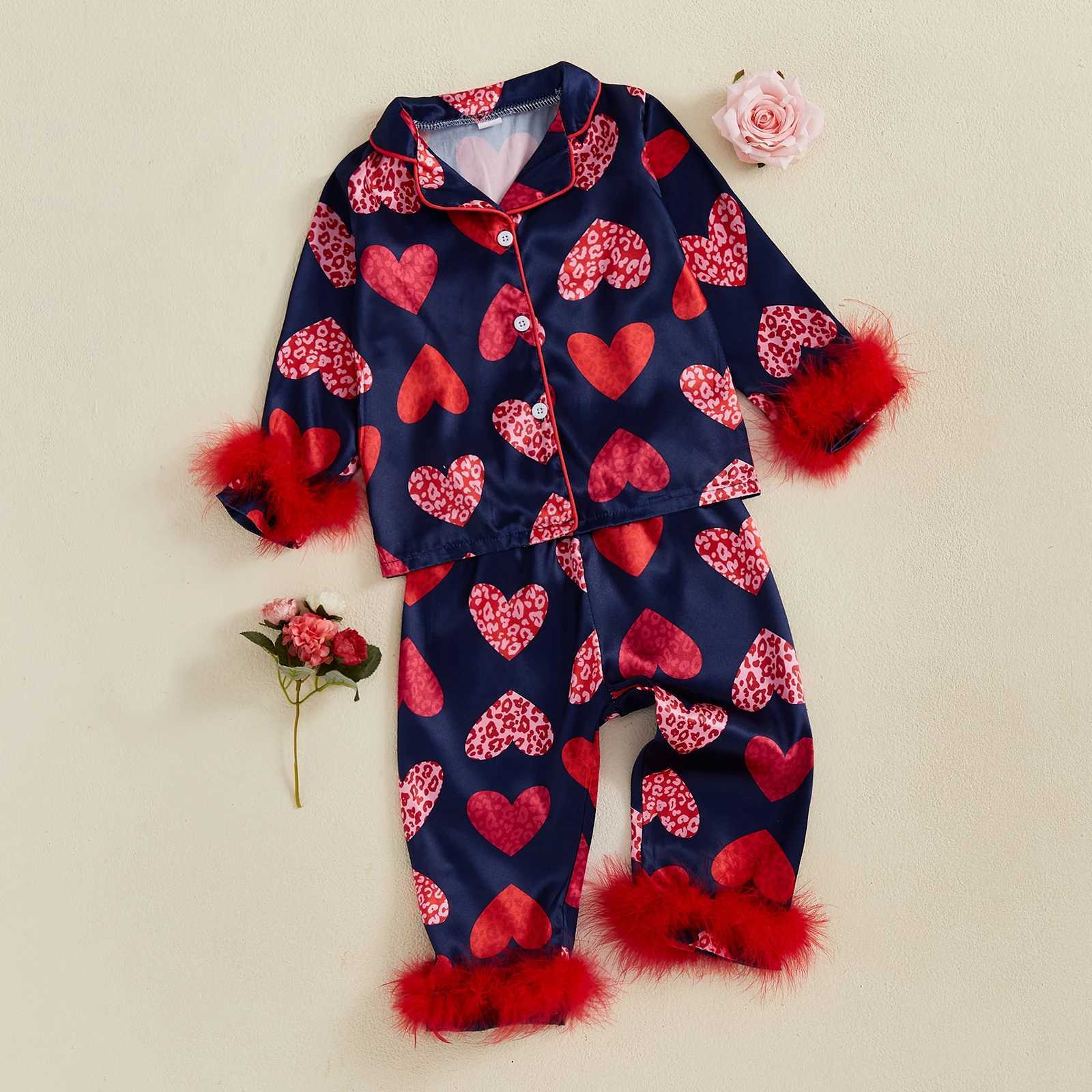Clothing Sets Kids Baby Girls 2PCS Pajama Sets Valentines Day Sleepwear Feathers Trim Long Sleeve Shirt Pants Heart Print Loungewear Outfits H241126