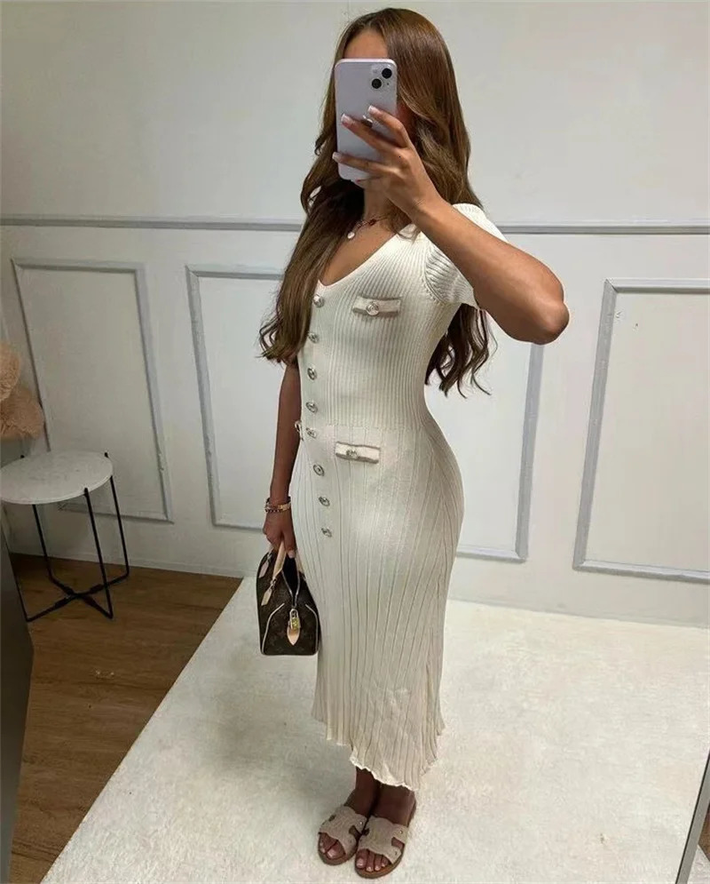 Office ladies elegant knitted long skirt summer short sleeved V-neck single chest tight dress womens party fashion vest 241125