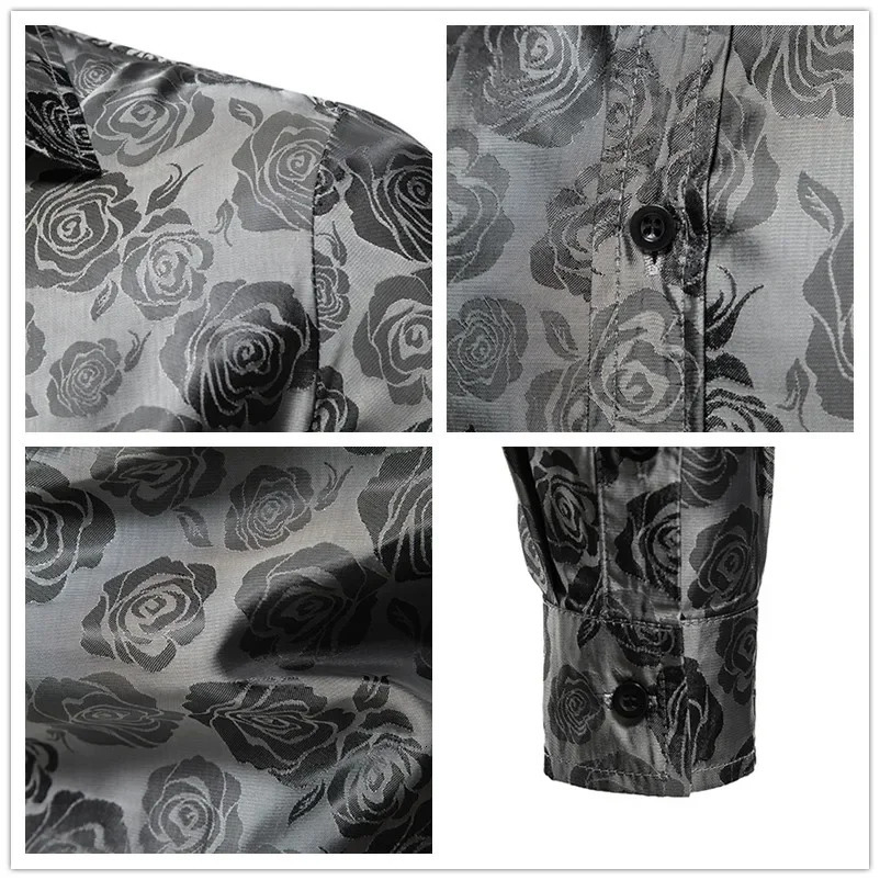 Black rose print mens shirt long sleeved floral paisley silk business party wedding shirt mens clothing chemical men 241125