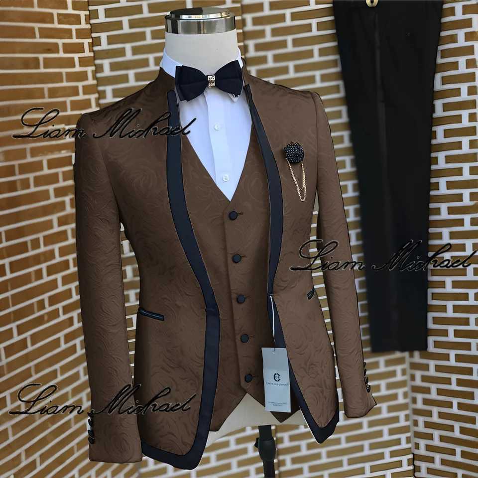 Elegant mens wedding groom evening gown three piece white jacquard jacket vest pants formal party gown customization X241126