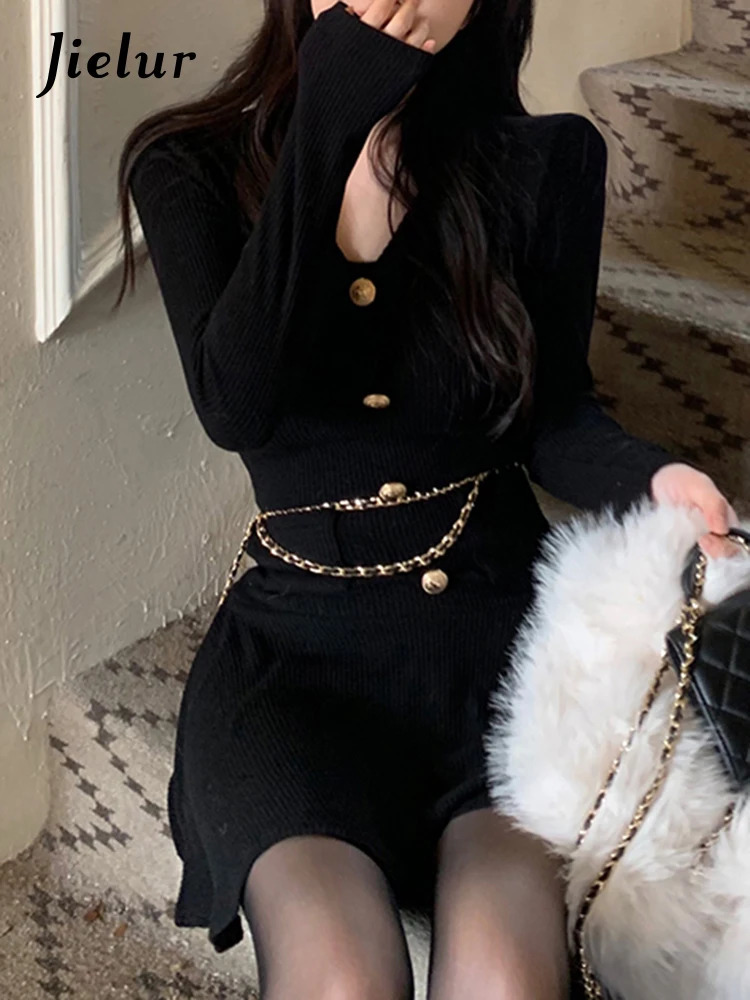 Jielur Sexy Black Knitting Female Mini Dress Chic Chain Buttons Slim Vneck Fashion Womens Dresses Solid Color Winter 241112